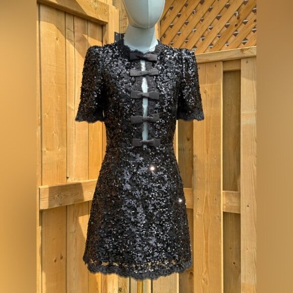 🆕 REBECCA VALLANCE 🧿 NWOT x Nicky Hilton Diana Black Bow Sequin Mini, Sz US 2 - Picture 5 of 16